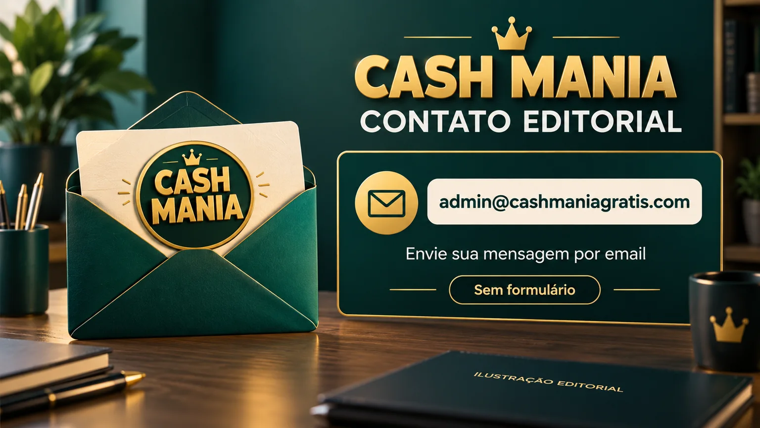 Mesa editorial de contato com o email admin@cashmaniagratis.com