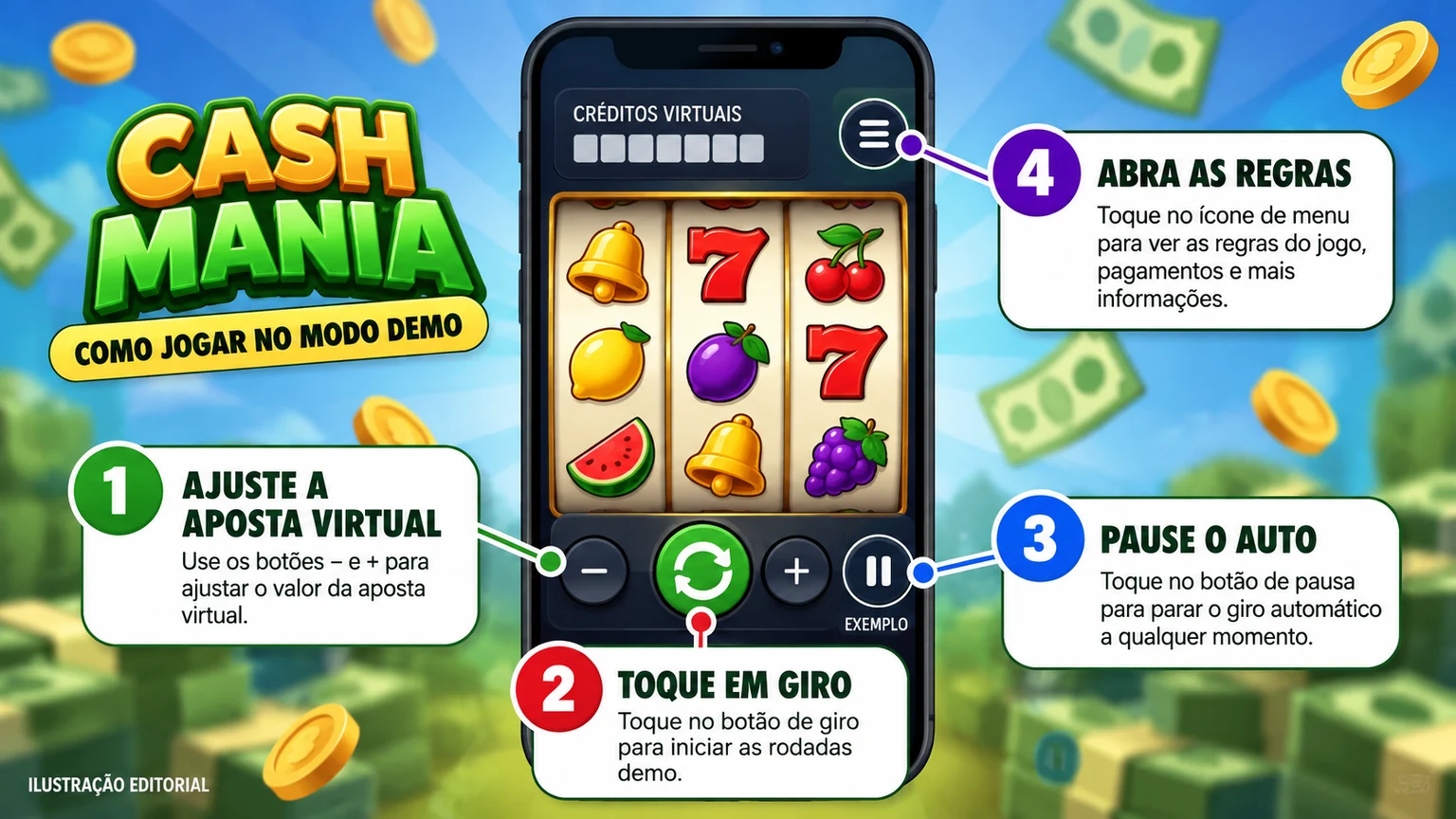 Controles ilustrativos da demo Cash Mania com ajuda, rodada, som e histórico