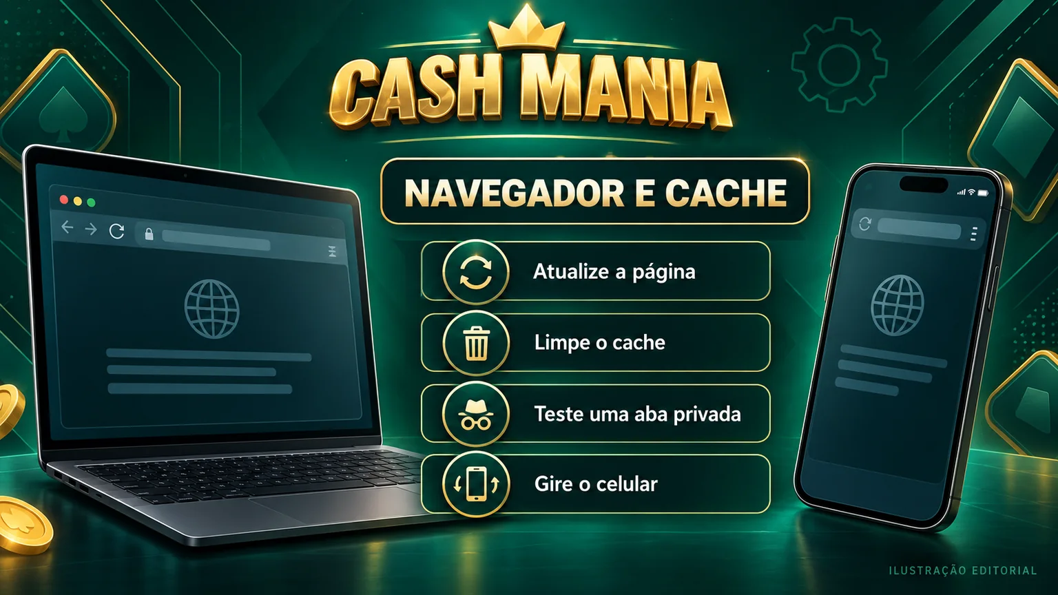 Configurações ilustrativas de navegador, cache do site e orientação móvel