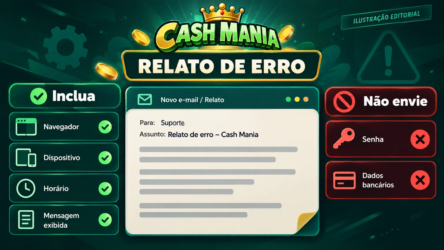 Modelo editorial de relatório de erro sem dados pessoais