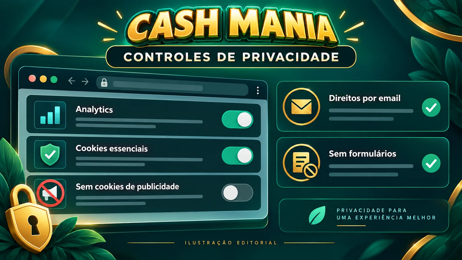 Painel editorial de controles de cookies, analytics e direitos
