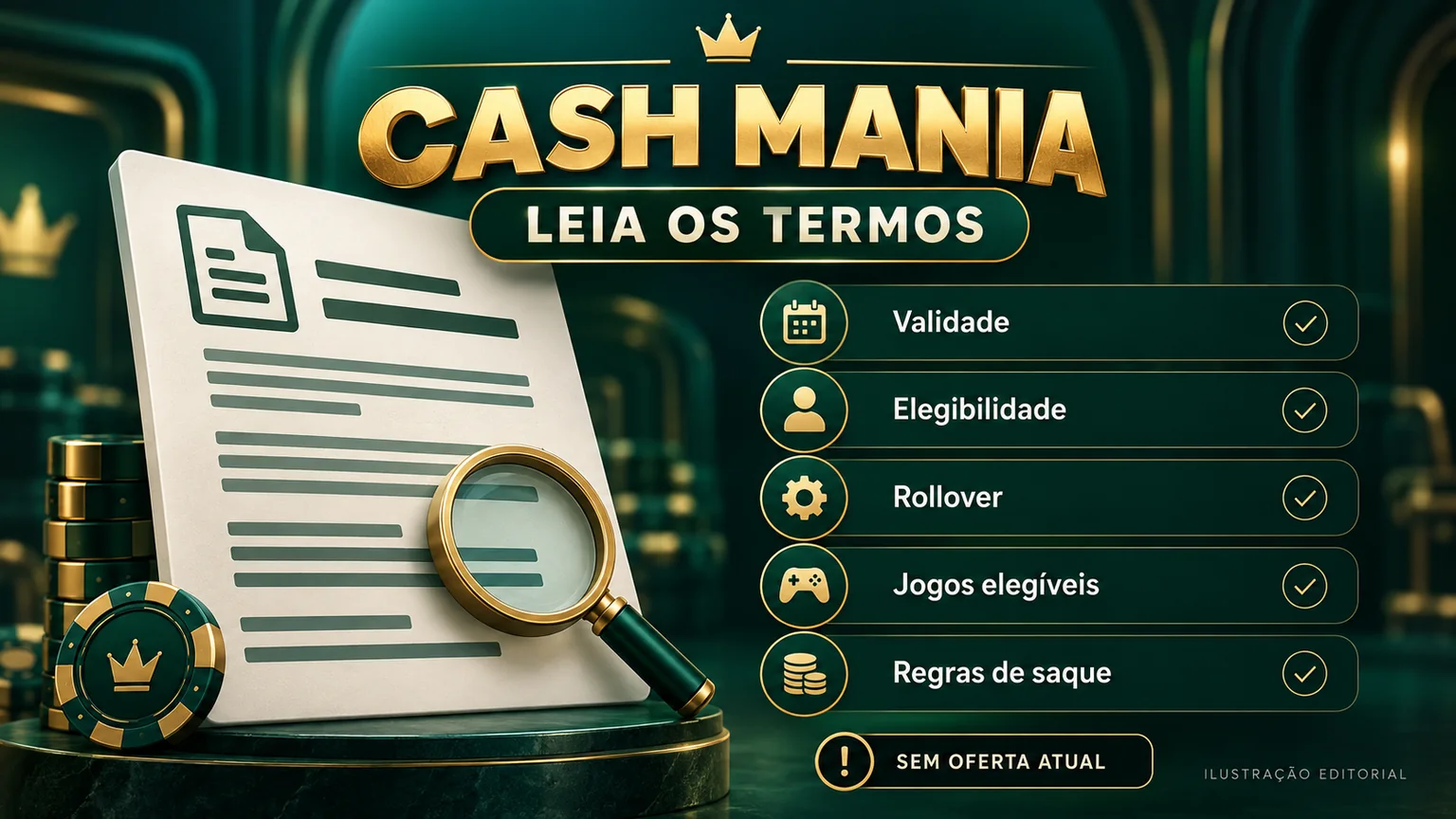 Cartão editorial de termos promocionais com validade, elegibilidade, rollover e saque