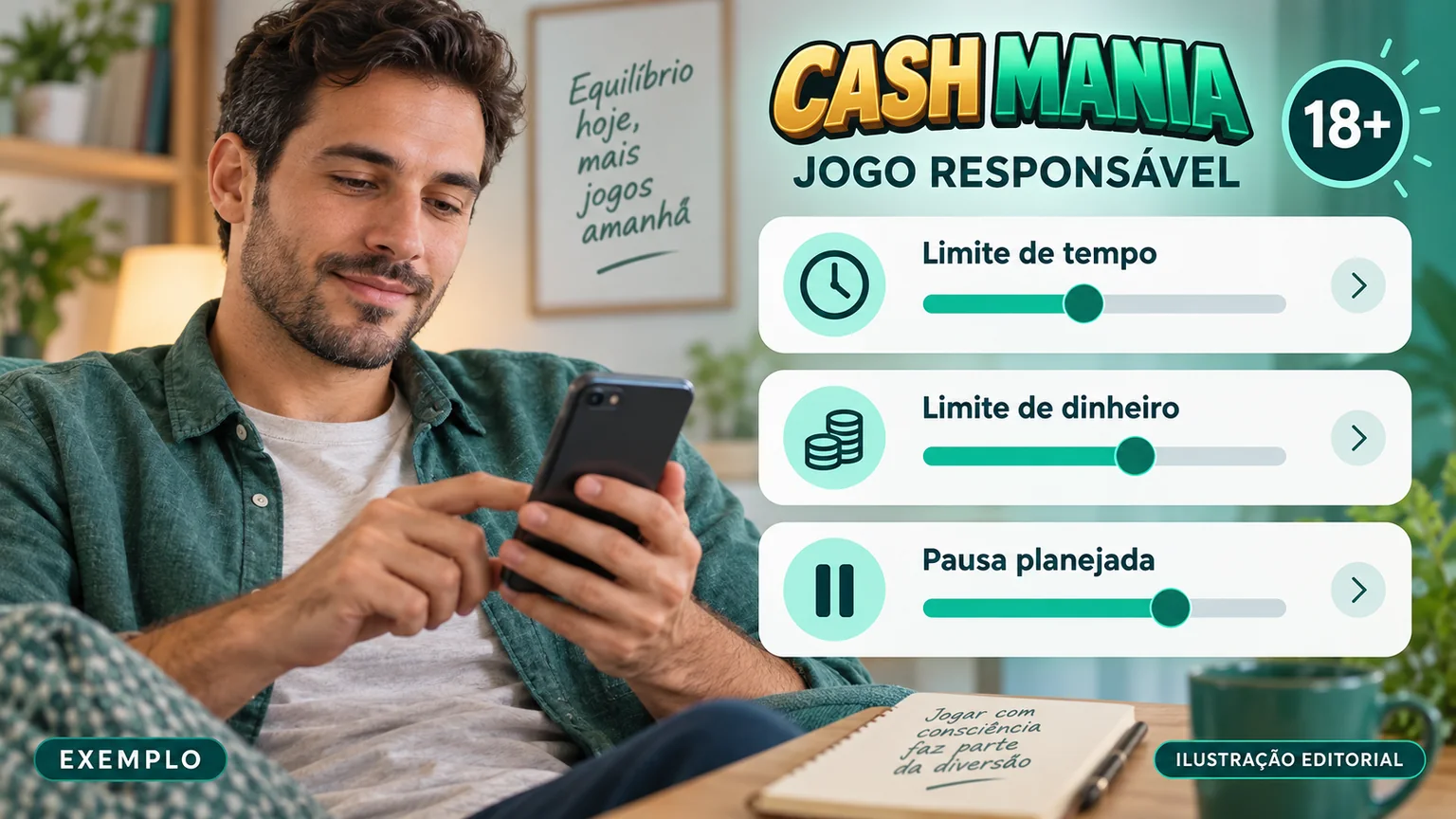 Plano editorial de limites de tempo, dinheiro e pausa para adultos 18+