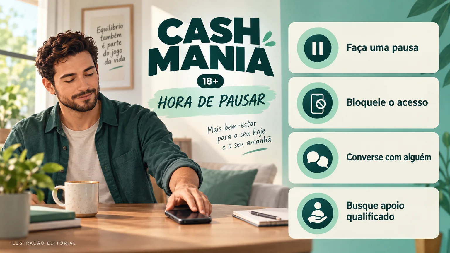 Sequência editorial de pausa, bloqueio, conversa e busca de apoio