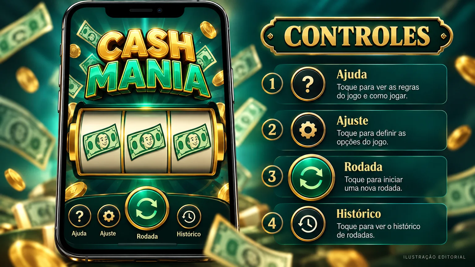 Controles ilustrativos de ajuda, ajuste, rodada e histórico de Cash Mania